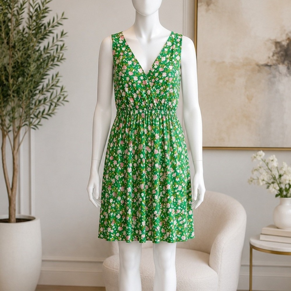 Gilli Womens Dress Green Floral Surplice V-Neck Sleeveless Small
